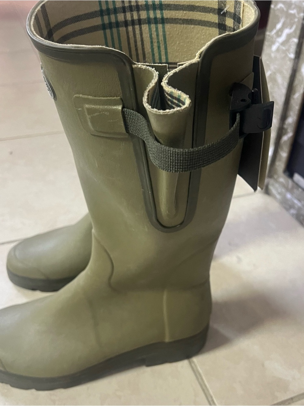 le Chameau Olive Green Waterproof Rubber Boots with Plaid Lining